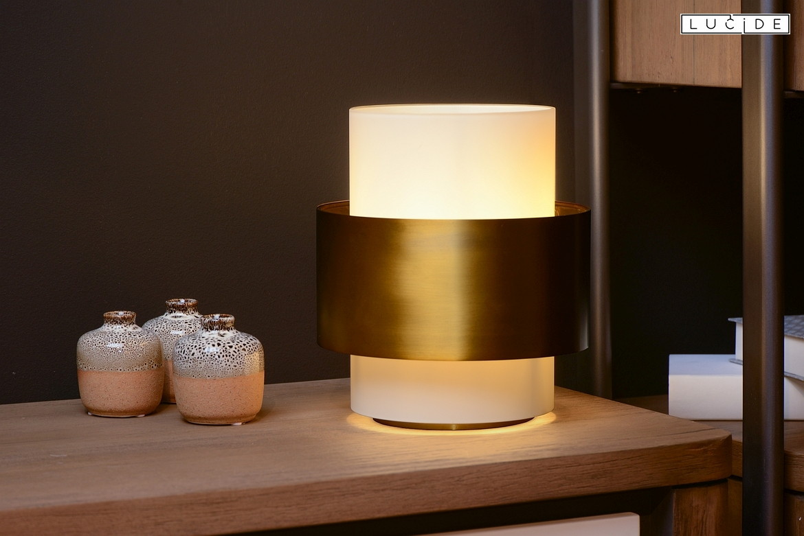 Lucide table lamp FIRMIN cylindrical E27 IP20, gold matt, brass, opal Lucide table lamp FIRMIN cylindrical E27 IP20, gold matt, brass, opal