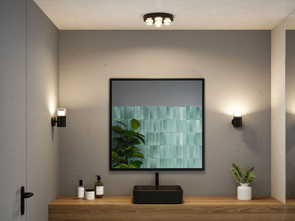 Paulmann LED Bad-Deckenleuchte KAME, IP44, rund, 4-flammig, Ø 25cm, 18W 3000K 2000lm, schaltbar, starr, schwarz / klar / satiniert Paulmann LED Bad-Deckenleuchte KAME, IP44, rund, 4-flammig, Ø 25cm, 18W 3000K 2000lm, schaltbar, starr, schwarz / klar / satiniert