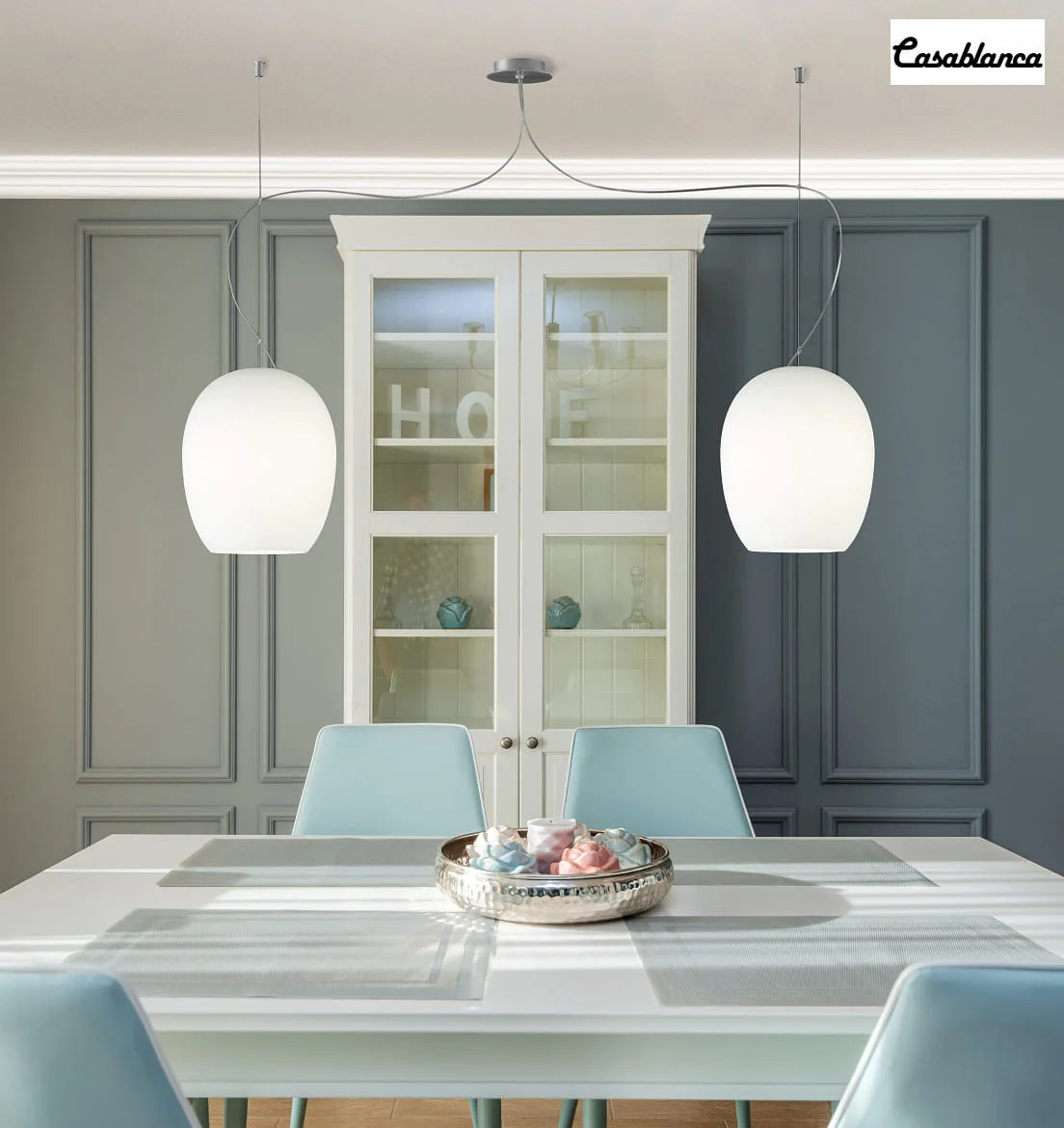 Casablanca pendant luminaire ANUA 2 flames E27 IP20, brushed aluminium, matt, opal white dimmable Casablanca pendant luminaire ANUA 2 flames E27 IP20, brushed aluminium, matt, opal white dimmable