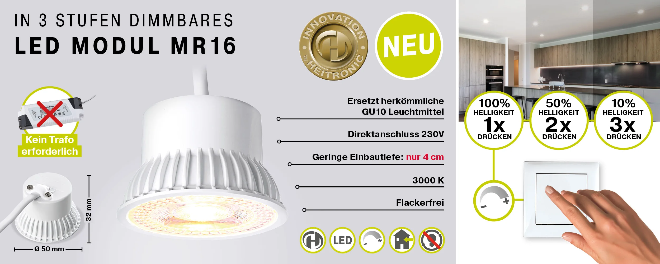 HEITRONIC LED Modul MR16, als GU10 Ersatz für Einbau-Spots, 5W 3000K 380lm 38°, dimmbar, weiß HEITRONIC LED Modul MR16, als GU10 Ersatz für Einbau-Spots, 5W 3000K 380lm 38°, dimmbar, weiß