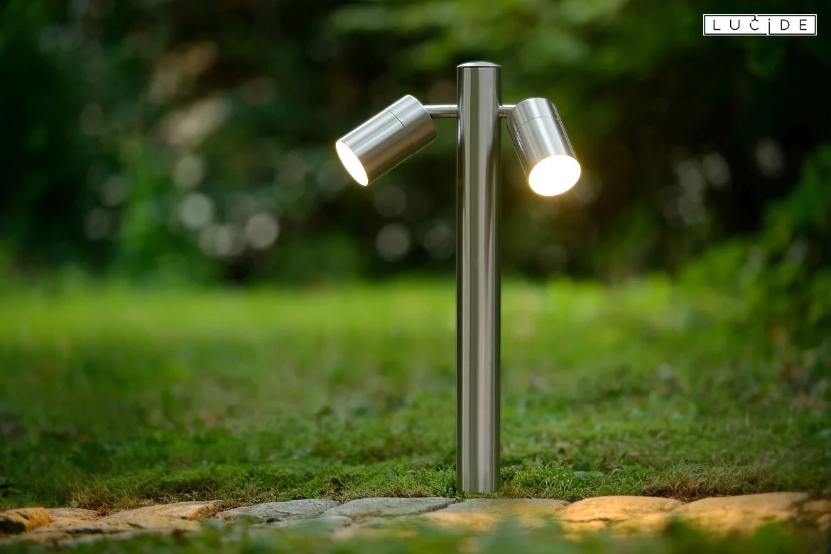 Lucide bollard lamp ARNE LED 2 flames, round GU10 IP44, chrome matt Lucide bollard lamp ARNE LED 2 flames, round GU10 IP44, chrome matt