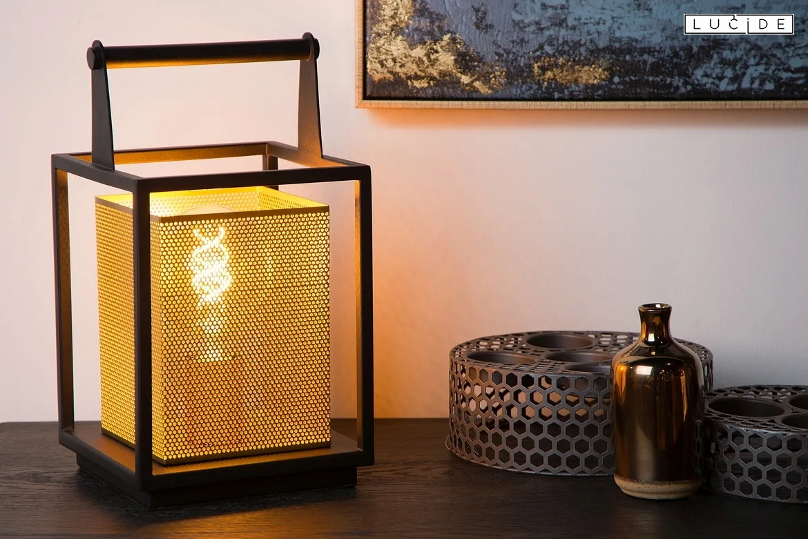 Lucide table lamp SANSA square E27 IP20, gold matt, brass, black Lucide table lamp SANSA square E27 IP20, gold matt, brass, black