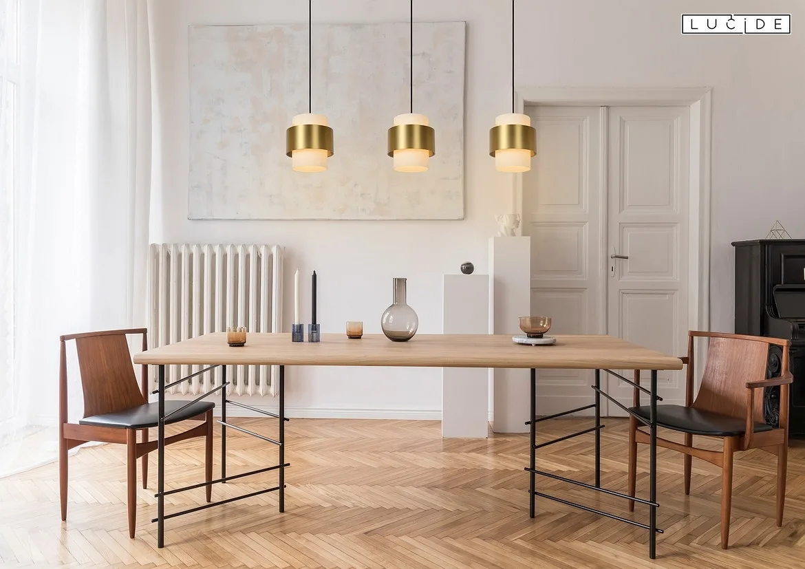 Lucide pendant luminaire FIRMIN 3 flames, cylindrical E27 IP20, gold matt, brass, opal Lucide pendant luminaire FIRMIN 3 flames, cylindrical E27 IP20, gold matt, brass, opal