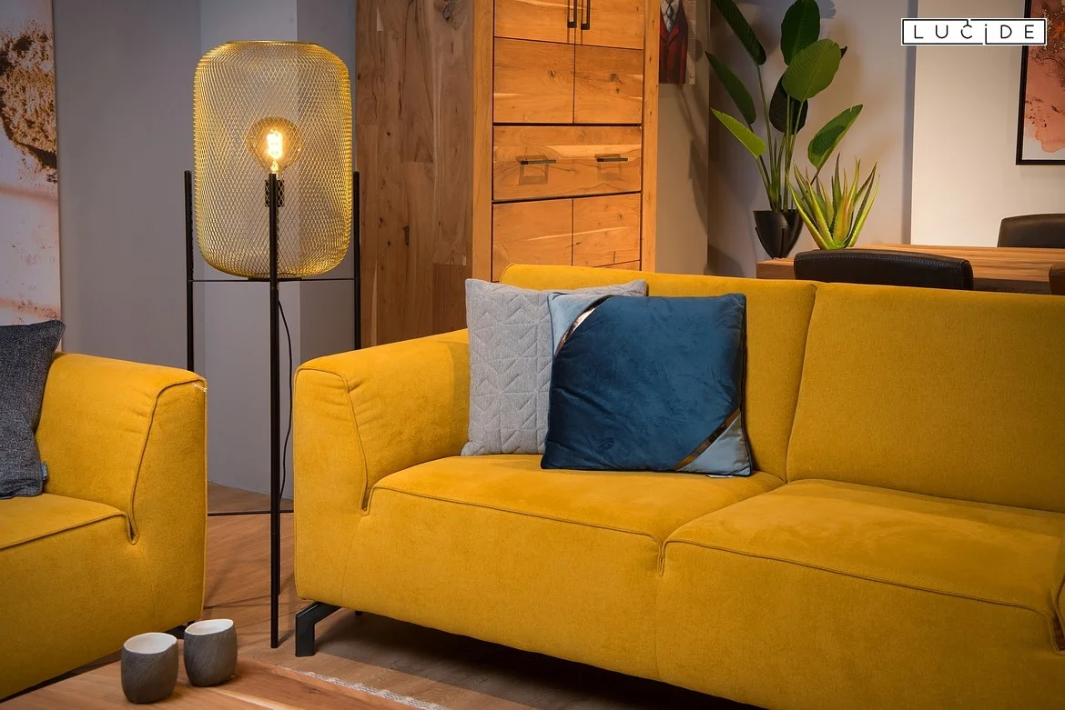 Lucide floor lamp MESH cylindrical E27 IP20, gold matt, brass, black Lucide floor lamp MESH cylindrical E27 IP20, gold matt, brass, black