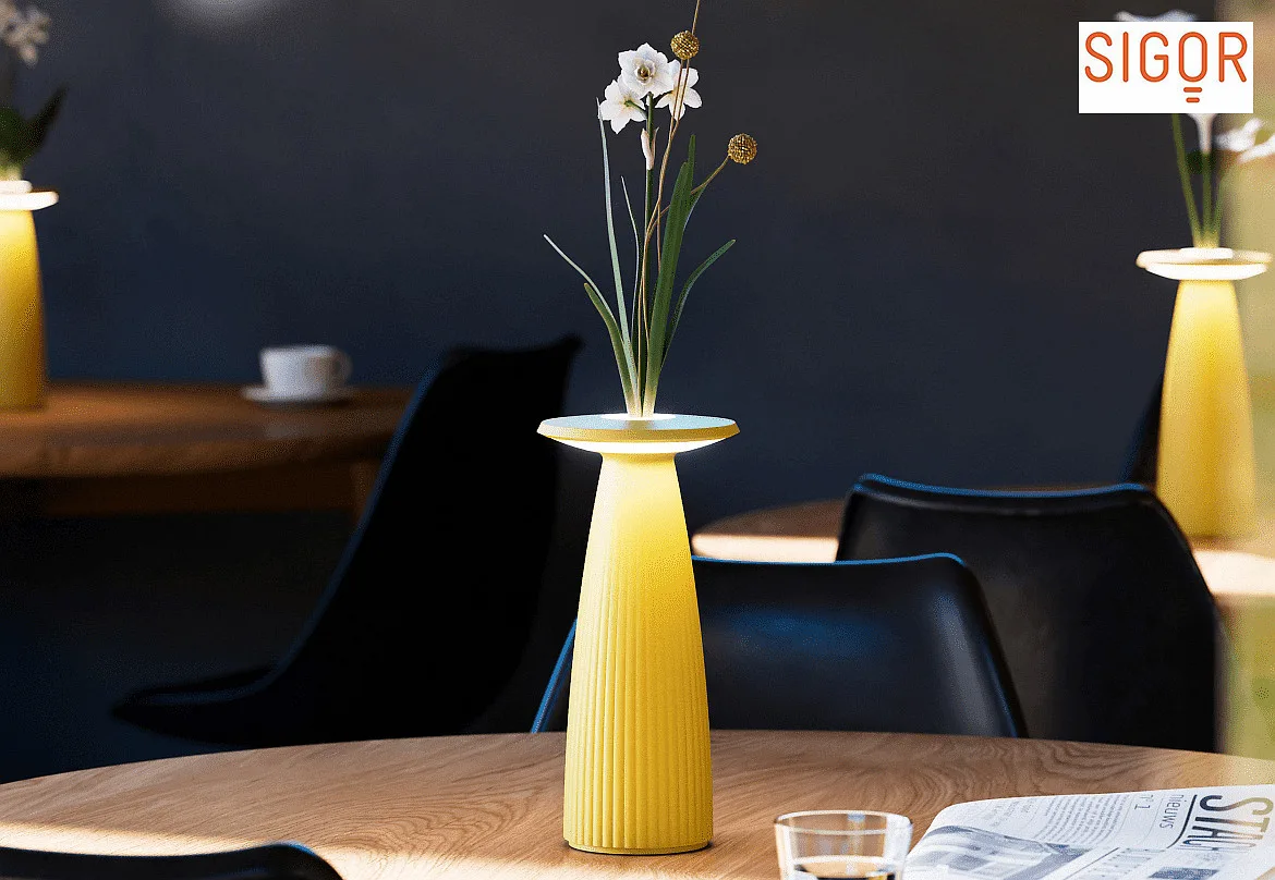 SIGOR LED Akku-Tischleuchte NUFLAIR, IP54, 2.2W 2200/2700K (Flex-Mood), mit Vasen-Einsatz + Touch-Dimmer + Easy-Connect, sonnengelb SIGOR LED Akku-Tischleuchte NUFLAIR, IP54, 2.2W 2200/2700K (Flex-Mood), mit Vasen-Einsatz + Touch-Dimmer + Easy-Connect, sonnengelb