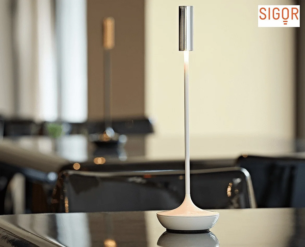 SIGOR LED Akku-Tischleuchte NUCANDLE, IP54, 30cm / Ø 8.5 - 2.07cm, 3.7V, 1.6W 2700K 180lm, Touch-Dimmer, keramikweiß / Chrom SIGOR LED Akku-Tischleuchte NUCANDLE, IP54, 30cm / Ø 8.5 - 2.07cm, 3.7V, 1.6W 2700K 180lm, Touch-Dimmer, keramikweiß / Chrom