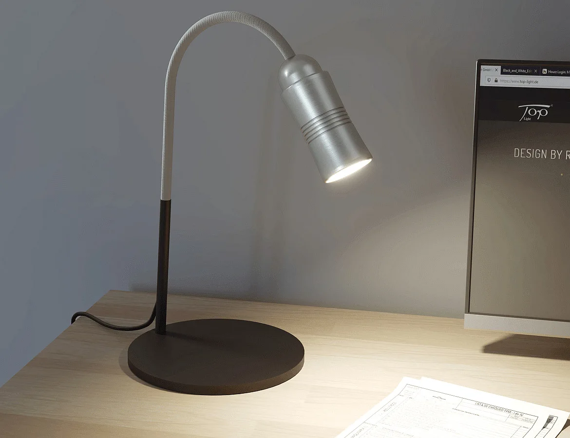 Top Light LED Tischleuchte NEO! TABLE (NV), 14W 2700K 25-65° (variabel), CRi 95, mit Flexarm, alu natur / schwarz / silber Top Light LED Tischleuchte NEO! TABLE (NV), 14W 2700K 25-65° (variabel), CRi 95, mit Flexarm, alu natur / schwarz / silber