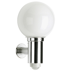 Au�enwandleuchte mit Bewegungsmelder + Kugelschirm � 20cm (Typ Nr. 0224), IP44, E27 QA55 max. 57W, Edelstahl / Opalglas
