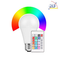 LED Lamp pear shaped E27, 9W RGB + 2700K 810lm 200°, dimmable, with remote control