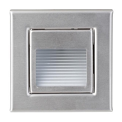 LED Wandeinbauleuchte, IP20, eckig, 8.5x8.5cm, mit Teil-Blende und Treppen-Reflektor, 230V, 1.2W 3000K 40lm, Edelstahl / klar
