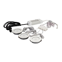 LED M�beleinbau-Downlight-Set, 3-fach mit Trafo+Verteiler, IP20, � 7cm, Plug&Play 12V DC, je 2W 3000K 125lm, Alu matt