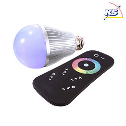 LED RGB-Lampe LED E27 RF RGBW mit Fernbedienung, 100-240V AC/50-60Hz, E27 8W, silber matt