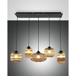 Pendelleuchte GILLIS, 5-flammig, 5x E27max. 40W, Metall / geblasenes Glas, Schwarz / Amber
