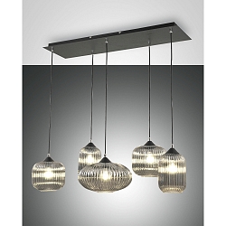 Pendelleuchte GILLIS, 5-flammig, 5x E27max. 40W, Metall / geblasenes Glas, Schwarz / Rauchglas