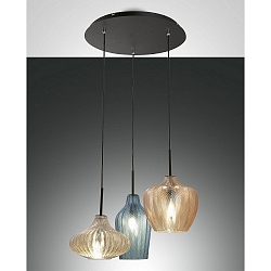 Pendelleuchte OLBIA, 3-flammig, 50cm, E27, IP20, Amber/Azurblau/Champagner