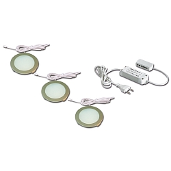 3er Set LED Fl�chenleuchte FR 68-LED, Einbau / Aufbau, rund, inkl. Trafo LED-24 / 15W, 4W 3000K 270lm 110�, Edelstahloptik