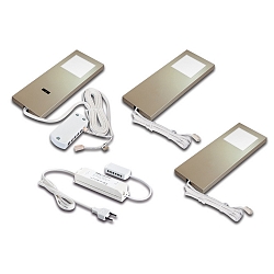 3er Set LED Unterbauleuchte LED SLIM-PAD F, IP20, mit IR Dimmer + Trafo LED-24 / 30W, 5W 3000K, Edelstahloptik