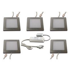 5er Set LED M�bel-Einbauleuchte FAQ 58, IP44/IP20, eckig, LED 24-Stecker + Trafo, CRi >93, Edelstahl, 3W 3000K 225lm 115�
