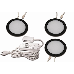 3er Set LED Diffusor-Einbauleuchte FAR 68, rund, flach, inkl. Streckertrafo 15W, Metall, 3x 4W 3000K 312lm, schwarz