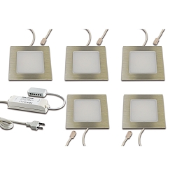5er Set LED M�bel-Einbauleuchte FAQ 68, IP20, eckig, LED-24-Stecker, CRi >90, Edelstahl-Optik, 4W 4000K 312lm 115�