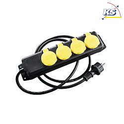 Socket, IP44, 1,5m connection cable, spring hinged cover, black/yellow, 4-fold
