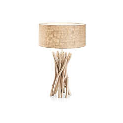Tischleuchte DRIFTWOOD, 1-flammig, Rund mit Textilschirm, E27, Metall / Naturholz
