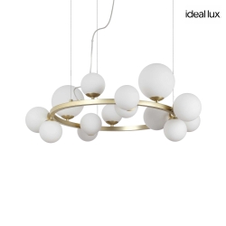 Pendant luminaire PERLAGE, ROUND,  85cm, 14-flame, incl. 14x LED G9 3W 3000K, satined brass / white