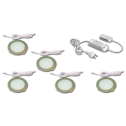 5er Set LED Flächenleuchte FR 68-LED, Einbau / Aufbau, rund, inkl. Trafo LED-24 / 15W, 4W 3000K 270lm 110°, Edelstahloptik