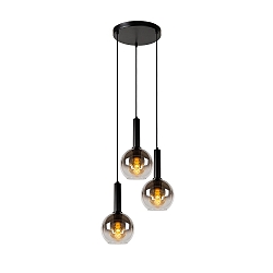 pendant luminaire MARIUS 3 flames, round E27 IP20, smoky colour, black