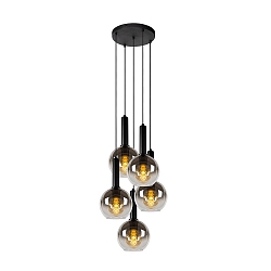 pendant luminaire MARIUS 5 flames, round E27 IP20, smoky colour, black