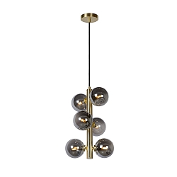 pendant luminaire TYCHO 6 flames, cylindrical G9 IP20, gold matt, brass, smoky colour