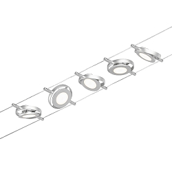 LED Seilsystem RoundMac, 5-fach, 12V DC, 5x 4.5W 3000K, inkl. Trafo 60VA, Kunststoff, Chrom matt / Chrom