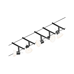 Seilsystem-Basisset SHEELA, 5-fach, 12V, 5x GU5.3 max. 10W, inkl. Trafo 60VA, Kunststoff / Metall, Schwarz matt / Chrom