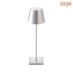 LED battery table lamp NUINDIE round, dimmable, IP54, silver matt, anodised