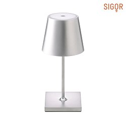 LED battery table lamp NUINDIE MINI round, dimmable, IP54, silver matt, anodised