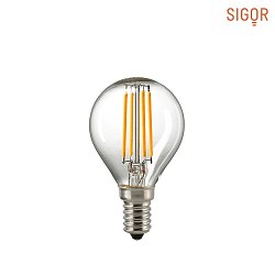 LED Filamentlampe KUGEL, 230V, Ø 4.5cm / L 8cm, E14, 4.5W 2700K 470lm 300°, Klar
