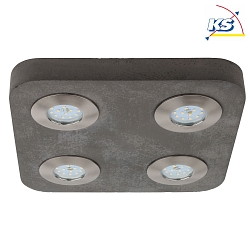 LED ceiling luminaire COOL, 4-flame, 26 x 26 x 3cm, concrete / metal / glass, grau / satin