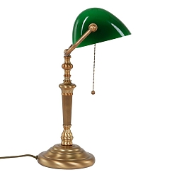 Tischleuchte / Banker-Leuchte ANCILLA, E27, mit Zugschalter-Kette, neigbar, gerade, bronze / Glasschirm, dunkelgr�n