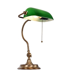 Tischleuchte / Banker-Leuchte BELANA, E27, gebogen, Armatur + Kopf neigbar, mit Zugschalterkette, bronze matt / dunkelgr�n