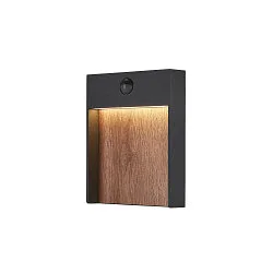 LED Außenwandleuchte FLATT SENSOR, IP54 IK03, eckig, mit Sensoren, 13W 3000/4000K (CCT Switch), anthrazit / Holz braun