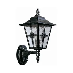 Außenwandleuchte Landhausstil Kreuzstrebe Typ Nr. 1804, stehend mit Wandarm, IP23, E27, Alu-Guss / Kathedralglas, Schwarz