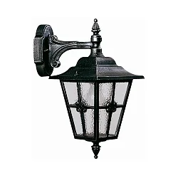Außenwandleuchte Landhausstil Kreuzstrebe Typ Nr. 1805, hängend an Wandarm, IP23, E27, Alu-Guss / Kathedralglas, Schwarz