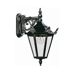 Außenwandleuchte Landhausstil Typ Nr. 1807, hängend mit Arm, IP23, E27 QA55 max. 57W, Alu-Guss / Glas klar, Schwarz/Silber