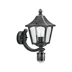Außenwandleuchte Landhausstil eckig Typ Nr. 1822 mit Bewegungssensor, IP44, E27, Alu-Guss / Hohlglas klar, Schwarz