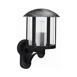 Außenwandleuchte Landhausstil Vintage Typ Nr. 1834, stehend mit Arm, IP23, E27 QA55 max. 57W, Alu-Guss / klar, Schwarz-Silber