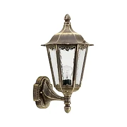 Außenwandleuchte Landhausstil Typ Nr. 1818, stehend mit Wandarm, IP23, E27 QA55 57W, Alu-Guss / Kathedralglas, Braun-Messing