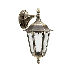 Außenwandleuchte Landhausstil Typ Nr. 1819, hängend mit Wandarm, IP23, E27 QA55 57W, Alu-Guss / Kathedralglas, Braun-Messing