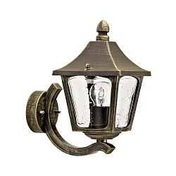 Außenwandleuchte Landhausstil eckig Typ Nr. 1820, stehend mit Wandarm, IP44, E27, Alu-Guss / Hohlglas klar, Braun-Messing matt
