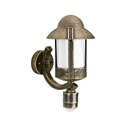 Außenwandleuchte Landhausstil Nachtwächter Typ Nr. 1840 mit Bewegungsmelder, IP44, E27, Alu-Guss / Opal, Braun-Messing