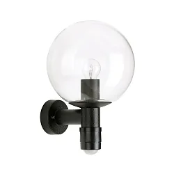 Outdoor Wall luminaire Type No. 0639 with motion sensor (Type No. 0641), glass ball Ø 25cm, E27, black matt / crystal glass
